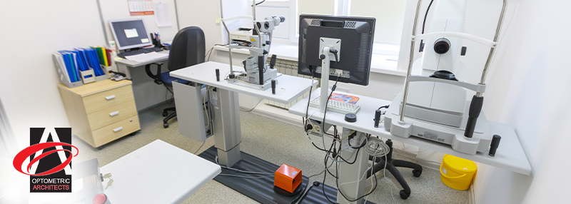 Desk with computer and optometric machine