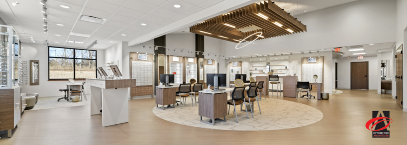 Interior of newly designed optometry office with oak, brown, and white color scheme